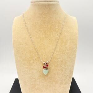 (925 Sterling Silver Jade Pendant Necklace w/ Genuine Ruby Accents